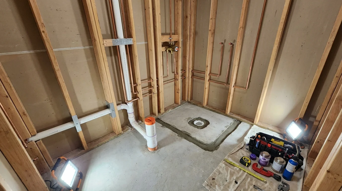 Bathroom rough-in plumbing during remodel by Johns Plumbing LLC in North Bennington