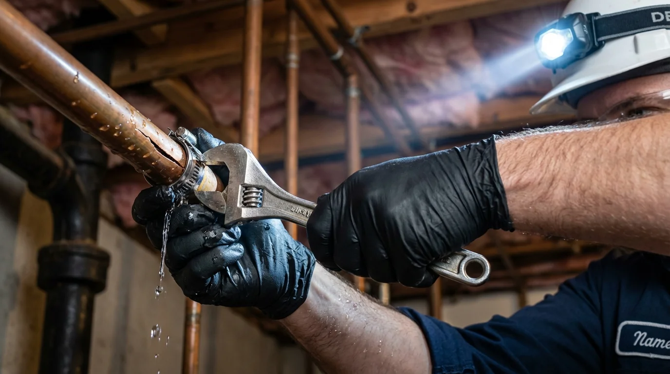 Emergency pipe clamp repair being performed by a Johns Plumbing LLC plumber in North Bennington