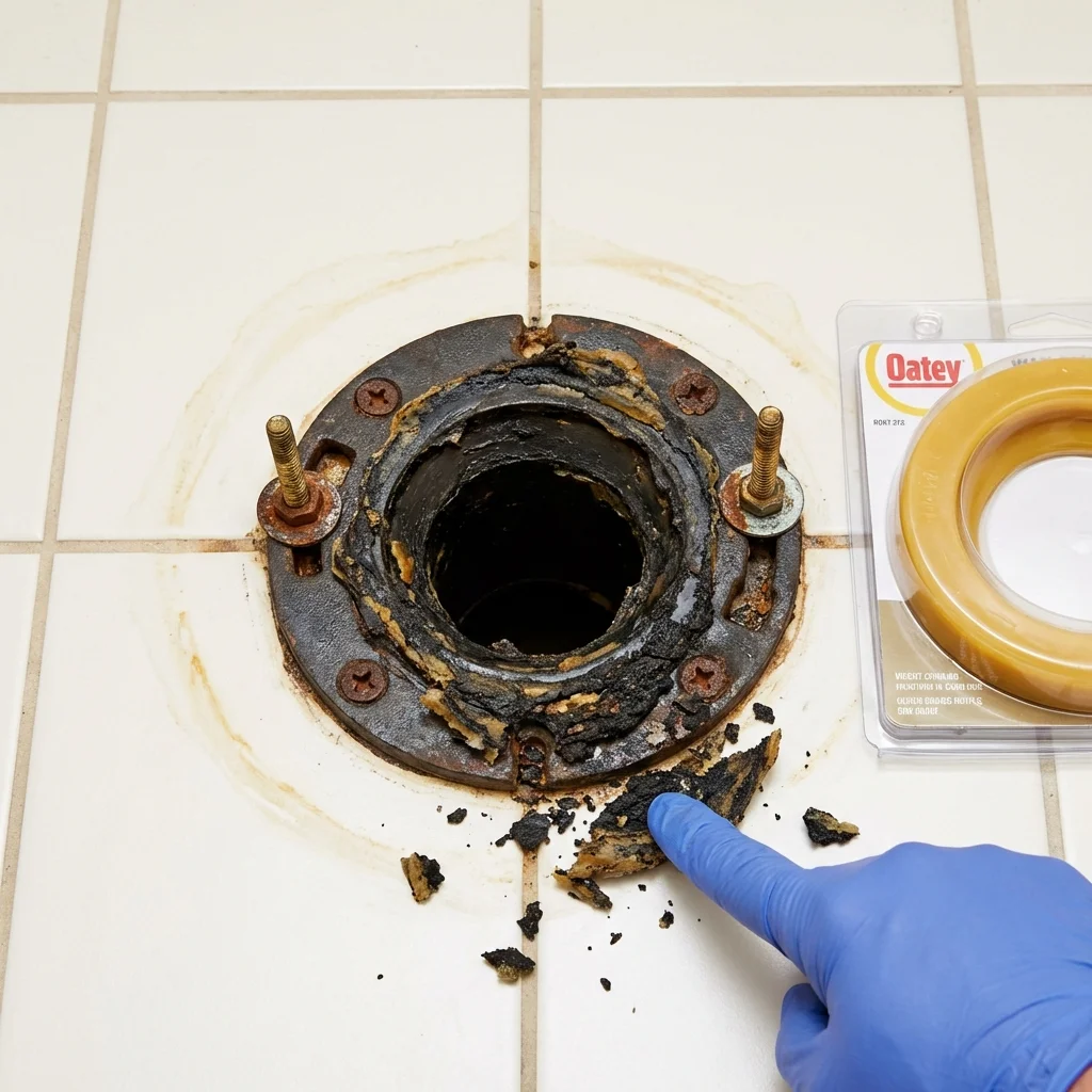 Failed wax ring showing water seepage at the base of a toilet in a North Bennington, VT home