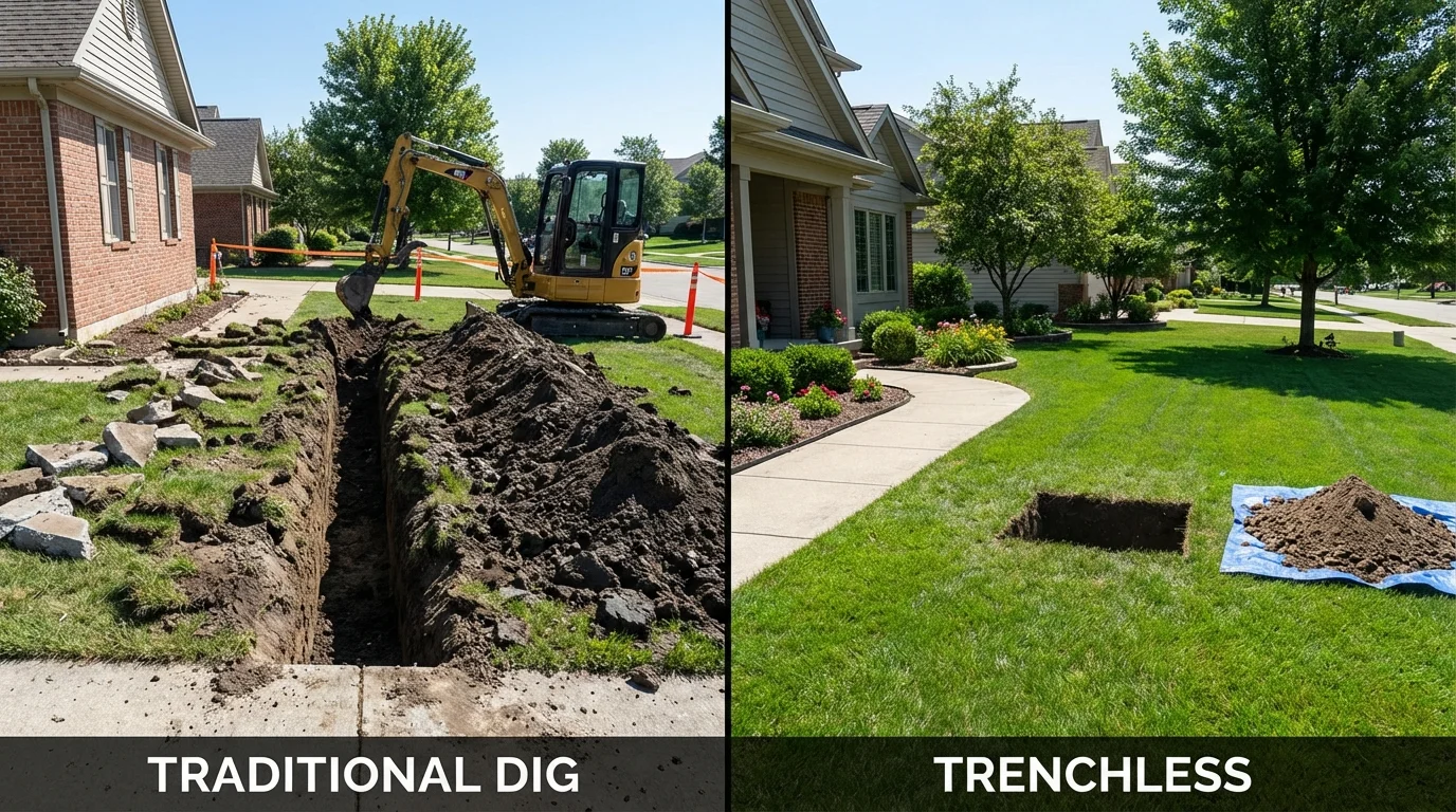 Trenchless sewer repair with minimal yard damage versus traditional excavation in North Bennington, VT