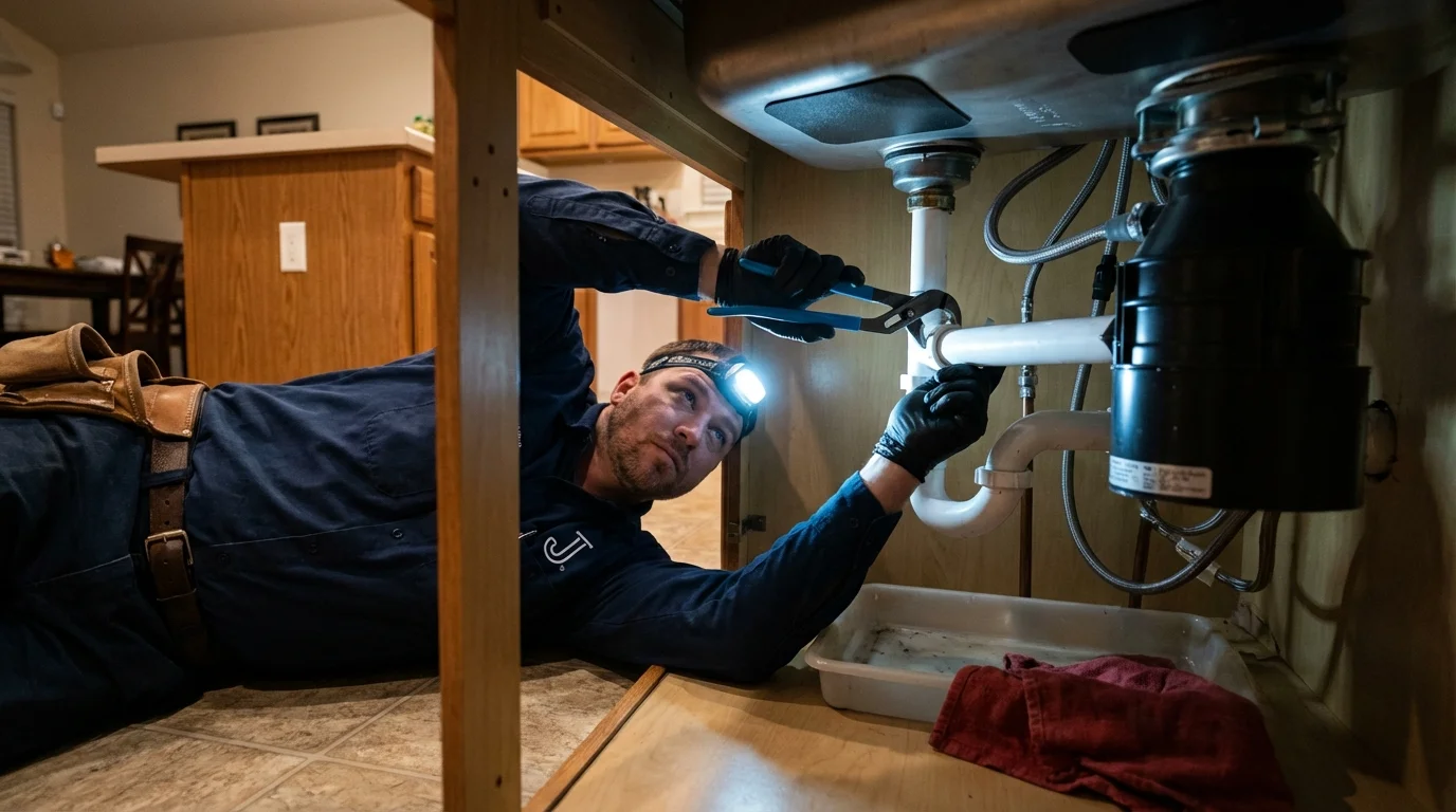 P-trap and supply line connections under a kitchen sink showing a common leak point in North Bennington, VT
